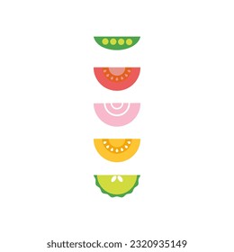 Vegetables slices. Tomatoes, cucumber, onion, green peas. Salad concept. Vegetable vector illustration in flat style for emblem, logo, sign or icon.