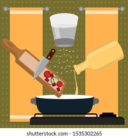 Vegetables soup preparation. Food preparation - Vector illustration