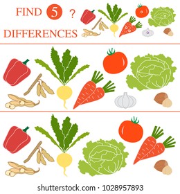 Vegetables: soya beans, tomato, turnip, garlic, carrots, hazelnut, cabbage, pepper. Find 5 differences. Educational games for children.
