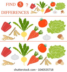 Vegetables: soya beans, tomato, turnip, garlic, carrots, hazelnut, cabbage, pepper. Find 5 differences. Educational games for children.