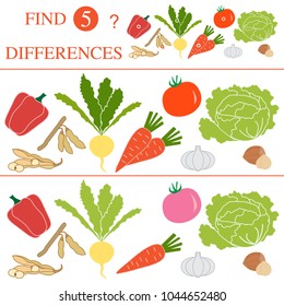 Vegetables: soya beans, tomato, turnip, garlic, carrots, hazelnut, cabbage, pepper. Find 5 differences. Educational games for children.