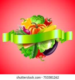 vegetables in sphere green ribbon for text red background vector