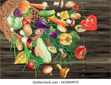 Vegetables and spices falls from the basket on a wooden background. Vector mesh and curves illustration