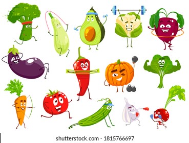 Vegetables Sportsmen, Vector Broccoli, Squash And Avocado, Cauliflower And Beetroot. Eggplant, Chili Petter And Pumpkin, Spinach, Carrot And Tomato With Cucumber, Garlic And Radish Cartoon Veggies