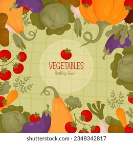 Vegetables. Square banner with healthy food pumpkin, tomatoes, cabbage, carrots, eggplant and onions on on green checkered background. Vector illustration. Poster template in cartoon style