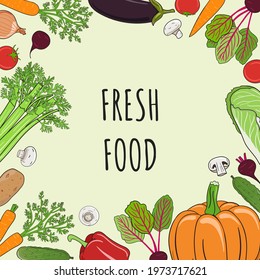 Vegetables square frame. Organic market banner and healthy food template. Concept of fresh farm products. Copy space. Hand drawn vector illustration.