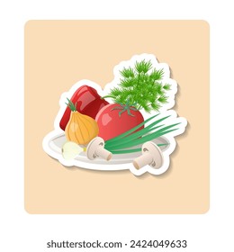 Vegetables sticker illustration. Onion, green, tomato, pepper, mushrooms. Editable vector graphic design.