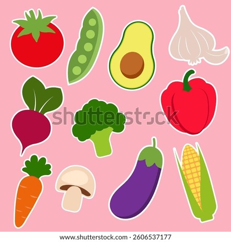Vegetables stickers collection. Vector vegetables icon stickers set isolated on pink background	