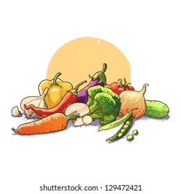 vegetables still life. vector illustration. Vegetables: pea, onion, chili, pepper, garlic, tomato, carrot, potato, paprika, mushroom, cucumber, broccoli
