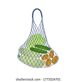 Vegetables in a string bag. Food Delivery Concept. There are potatoes, cucumbers, zucchini, Chinese cabbage in the picture. Vector illustration on a white background