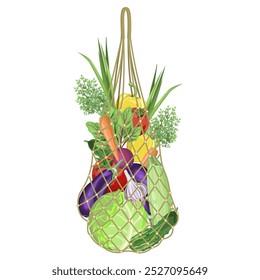 Verduras en una bolsa de cuerda tomates, repollo, calabacín, pepinos, cebollas, berenjena, ajo, pimienta, zanahorias sobre un fondo blanco. Vector.