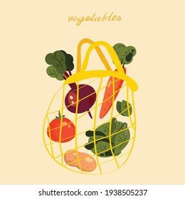 Vegetables in a string recycling  bag. Healthy food concept. Natural template design. Vector color mesh.