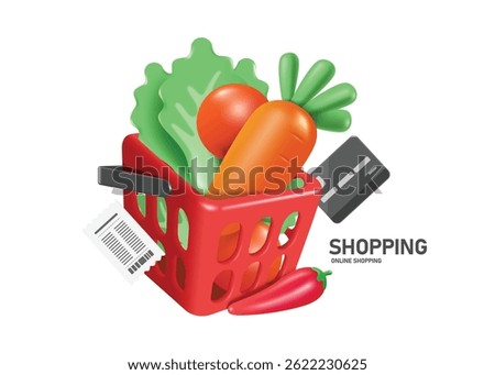 Vegetables such as carrots, tomatoes and lettuce are handed to customers on red shopping basket used in supermarkets and paid for with credit card and paper receipt is received, vector 3d isolated