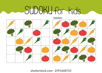 Vegetables sudoku educational game or leisure activity worksheet hand drawn illustration, printable grid to fill in missing images, food topical vocabulary, puzzle with solution, teacher resources