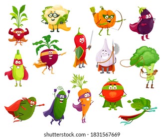 Vegetables Super Heroes, Vector Broccoli, Squash And Avocado, Cauliflower And Beetroot. Eggplant, Chili Pepper And Pumpkin, Spinach, Carrot And Tomato With Cucumber, Garlic And Radish Cartoon Veggies