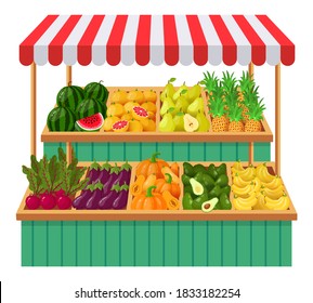 Vegetables supermarket stall. Fruits, vegetables wooden counter, grocery store organic food. Fresh vegetables local shop vector illustration. Selling watermelon, grapefruit, pear and pineapple