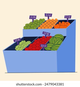 Vegetables supermarket stall. Fruits, vegetables wooden counter, grocery store organic food. Fresh vegetables local shop vector illustration. Selling watermelon, orange, cabbage, apple and pumpkin