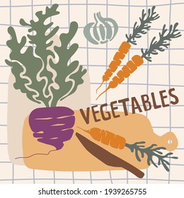 Vegetables at the table kitchen. Healthy food. Abstract illustration. Eco-friendly. Carrot, beet, garlic, knife, checkered tablecloth. Cutting board kitchen counter. Scandinavian style