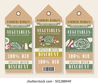 Vegetables tags hand drawn banners. Big discount sale in grocery store. Organic products eco foods labels vector illustration.