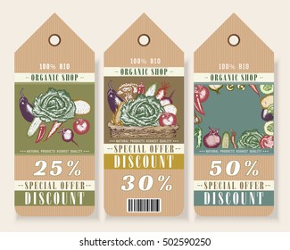Vegetables tags hand drawn banners. 100% natural organic eco foods green product labels set. Sketch vintage vector illustrations. 