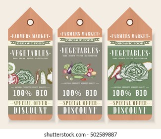 Vegetables tags healthy food design, big discount prices for vegetables, hand drawn tags farmers market set 