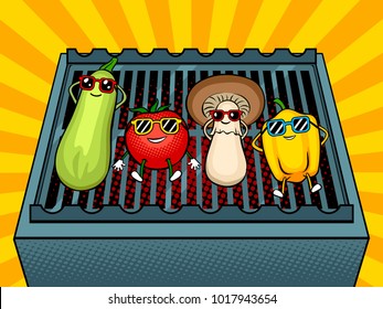 Vegetables tans on barbecue grill pop art retro vector illustration. Cartoon food character. Color background. Comic book style imitation.