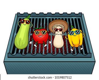 Vegetables tans on barbecue grill pop art retro vector illustration. Cartoon food character. Isolated image on white background. Comic book style imitation.