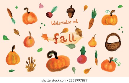 Vegetables for a Thanksgiving.Vector autumn seasonal watercolor illustration, 
watercolor style for banner, poster, postcard, invitation, sticker.