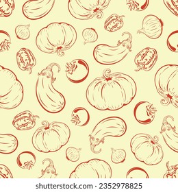 Vegetables that are necessary for culinary preparation, tomato, pepper, onion, eggplant, pumpkin, vector, seamless pattern 