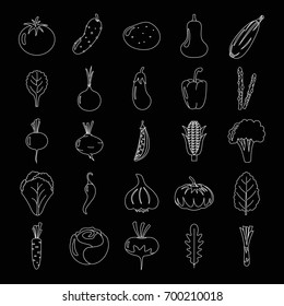 Vegetables thin line doodle vector illustration for design and web isolated on black background. Vegetables house vector object for labels, logos and advertising