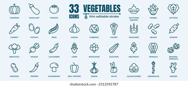 Verduras - juego de iconos de línea delgada. Colección de iconos de esquema. Ilustración vectorial simple.