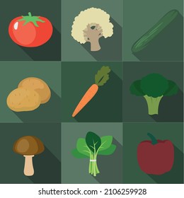 Vegetables - tomato, cauliflower, cucumber, potato, carrot, broccoli, mushroom, spinach, pepper