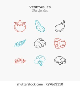 vegetables, tomato, cucumber, champignon and more, thin line color icons set, vector illustration