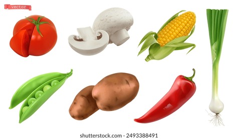 Vegetables, tomato, mushrooms, corn, pea, potato, pepper, onion. 3d realistic vector set