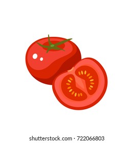 Vegetables. Tomato, whole fruit and half. Vector illustration cartoon flat icon isolated on white.