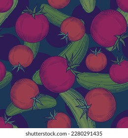 Vegetables - tomatoes and cucumbers. Vintage vegetable background. Vegetarian restaurant. Seamless background for fabrics, textiles, packaging and wallpaper. Vector illustration