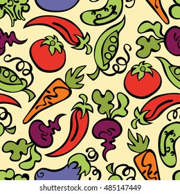 Vegetables: tomatoes, eggplant, peas, cucumber, carrots, beets, broccoli and hot pepper. Seamless vector pattern (background).