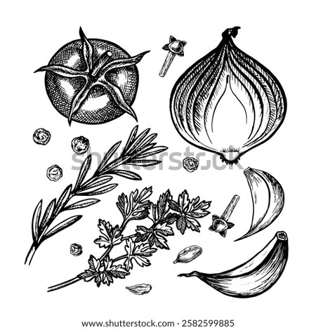 Vegetables, tomatoes, onions, garlic, herbs and spices. Hand-drawn vector illustration. Black and white image of food. Separate from the background. Perfect for menus, recipe books, packages, labels.