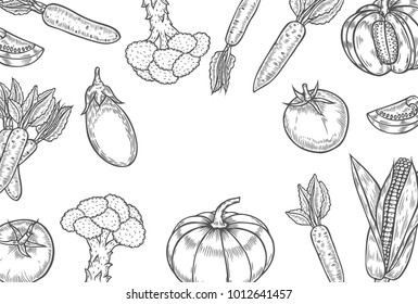 Vegetables top view frame. Farmers market menu design template. Organic vegetables food poster. Vintage hand drawn sketch vector illustration. Line art graphic. Engraved style.
