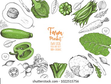 Vegetables top view frame. Farmers market menu design template. Organic vegetables food poster. Vintage hand drawn sketch vector illustration. Linear graphic. Engraved style.