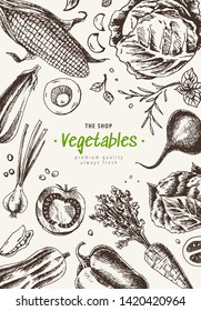 Vegetables top view frame. Farmers market menu design. Organic food poster. Hand drawn engraving style texture with tomatoes, pepper, onion, cabbage, beets, carrots, mushrooms, corn.