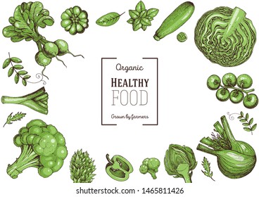 Vegetables top view frame. Farmers market menu design template. Organic vegetables food poster. Vintage hand drawn sketch vector illustration. Green plants.