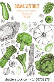 Vegetables top view frame. Farmers market menu design template. Organic vegetables food poster. Vintage hand drawn sketch vector illustration. Linear graphic. Engraved style.