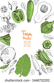 Vegetables top view frame. Farmers market menu design template. Organic vegetables food poster. Vintage hand drawn sketch vector illustration. Linear graphic. Engraved style. 