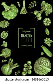 Vegetables top view frame. Farmers market menu design template. Organic vegetables food poster. Vintage hand drawn sketch vector illustration. Green plants. 
