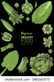 Vegetables top view frame. Farmers market menu design template. Organic vegetables food poster. Vintage hand drawn sketch vector illustration. Green plants. 