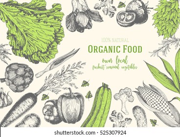Vegetables top view frame. Farmers market menu design. Organic food poster. Vintage hand drawn sketch vector illustration. Linear graphic.