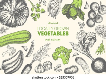 Vegetables Top View Frame. Farmers Market Menu Design. Organic Food Poster. Vintage Hand Drawn Sketch Vector Illustration. Linear Graphic.