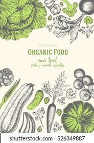 Marco de vista superior de los vegetales. Diseño de menús del mercado para los agricultores. Afiche de comida orgánica. Dibujo vintage dibujado a mano ilustración vectorial. Gráfico lineal