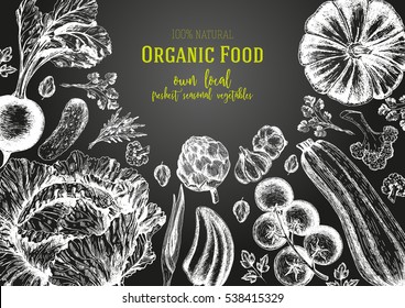 Vegetables top view frame. Farmers market menu design. Organic food poster.